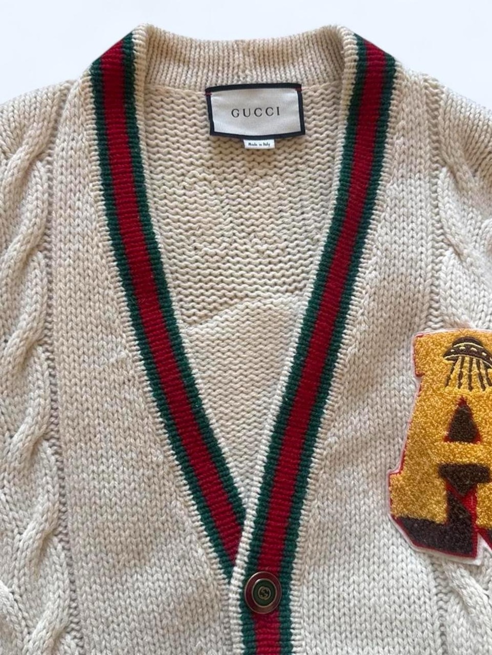 Gucci Cream Cable Knit Long Cardigan with Red & Green Trim and Yellow Patch - Picture 8 of 8